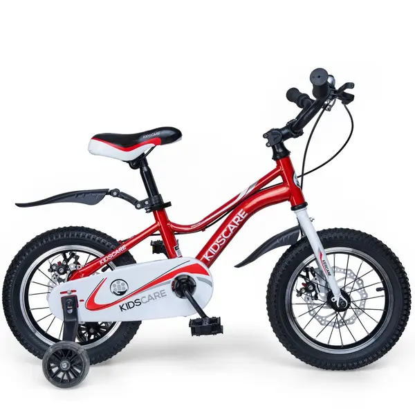 Bicicleta pentru copii 5-8 ani KidsCare HappyCycles 16 inch cu roti ajutatoare si frane pe disc rosu, inaltimea intre 110 cm si 125 cm, scaun reglabil pe inaltime, claxon pe ghidon