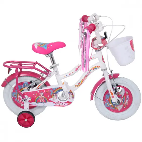 Bicicleta pentru copii Belderia Dora Alb 2-4 ani, roti 12 inch, roti ajutatoare si frane V-Brake, cosulet si portbagaj