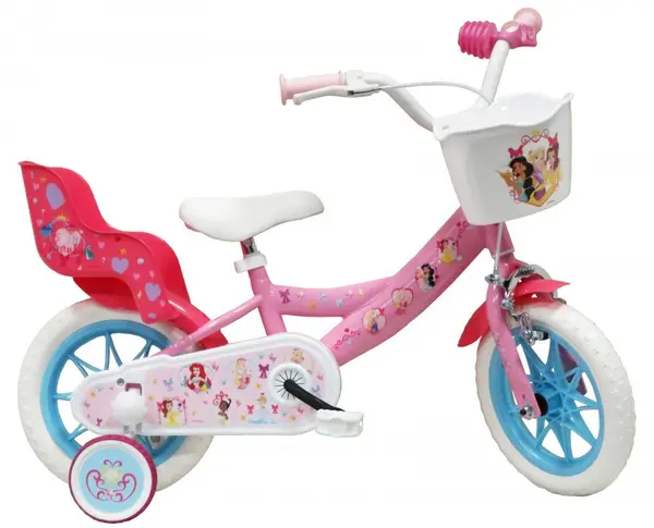 Bicicleta pentru copii Denver Disney Princess 12 inch, frana de mana pe ambele roti, clopotel, roti ajutatoare detasabile, suport pentru papusi, cosulet transport pe ghidon