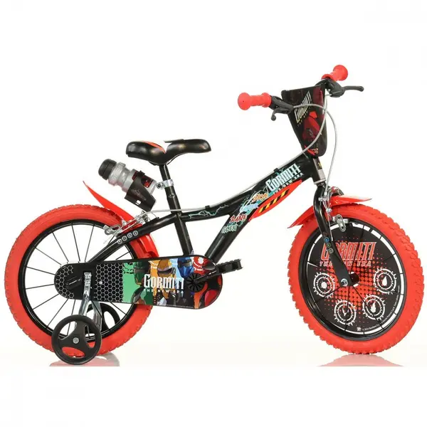 Bicicleta pentru copii Dino Bikes Gormiti 5-8 ani, roti 16 inch, roti ajutatoare, aparatori pentru lant si roti, bidon pentru apa