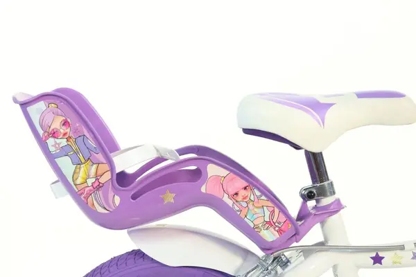 Bicicleta pentru copii Dino Bikes K-Pop 14 inch, inaltime utilizator 95-115 cm, sa si ghidon reglabile, roti ajutatoare, aparatoare lant, cosulet pentru cumparaturi si scaunel pentru papusa, greutate admisa 50 kg