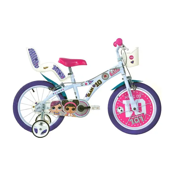 Bicicleta pentru copii Dino Bikes LOL 16 inch, varsta 5-7 ani, inaltimea 107-125 cm, frana de mana pe ambele roti, scaun si ghidon ajustabile, spite metalice