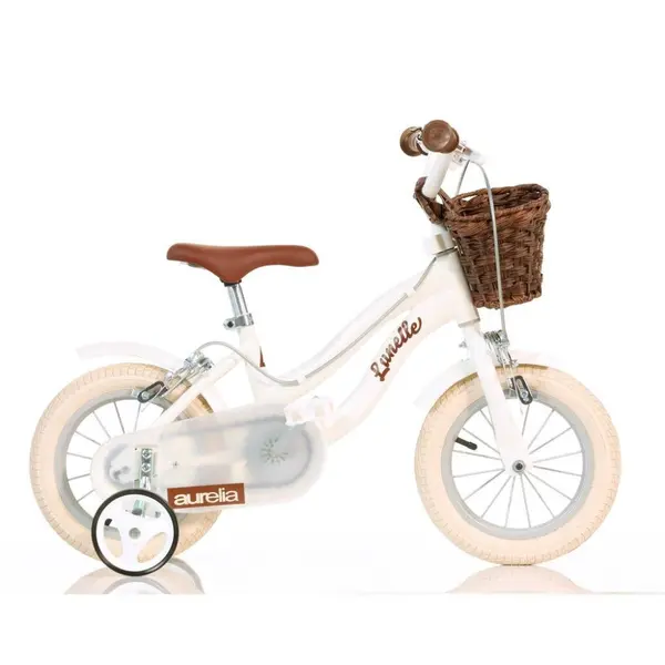 Bicicleta pentru copii Dino Bikes Retro Alb, 12 inch, inaltime utilizator 87-110 cm, cadru din aluminiu, cosulet frontal, roti ajutatoare, aparatoare lant
