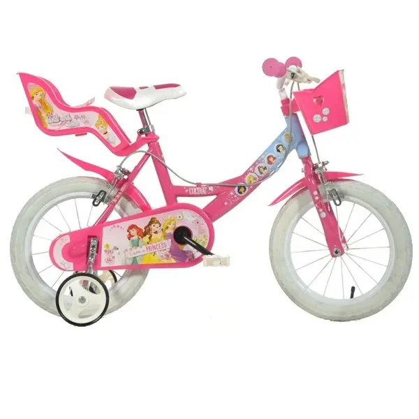Bicicleta pentru fetite Disney Princess 14 inch Dino Bikes, varsta 4-7 ani si inaltimea de 94-128 cm, frana de mana pe ambele roti, roti ajutatoare, cosulet si scaunel pentru papusa