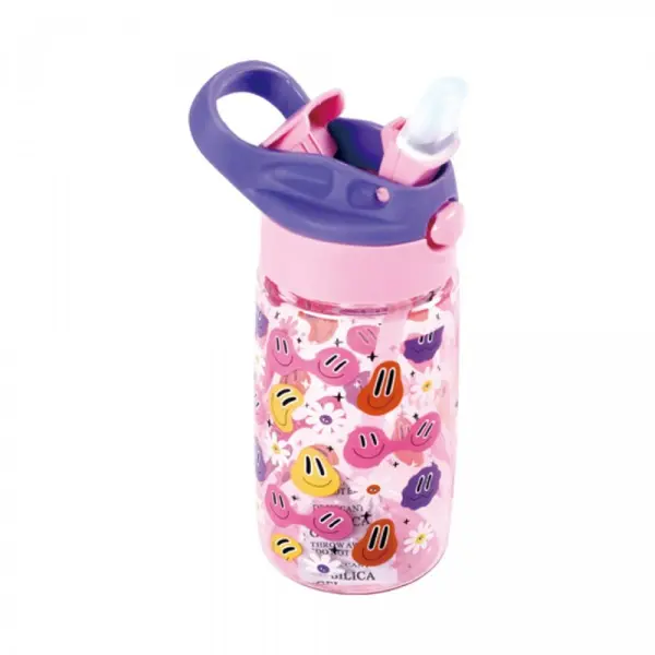 Bidon pentru apa cu maner,plastic, 450 ml, roz,design smile