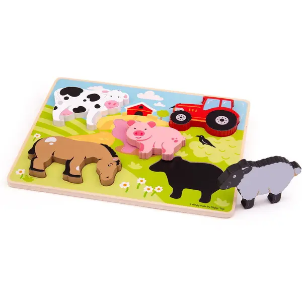 BigJigs Toys Puzzle din lemn BigJigs Toys, In ograda, animale de la ferma, 30 x 22.5 x 2.1 cm, 12 luni+