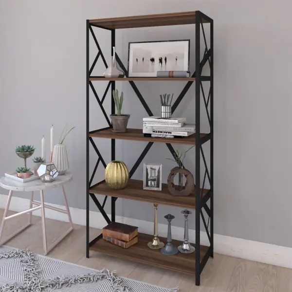 Bimblem Bibliotecă nuc cu negru metal, Negru - Nuc, 60x30x150 cm