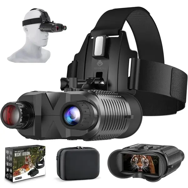 Binoclu cu vedere nocturna, Full HD 1080P, zoom digital 8x, infrarosu cu 7 niveluri, ecran TFT 2.7", vizibilitate pana la 400 m, baterie reincarcabila 3000 mAh, montare pe cap, rezistenta la apa IP54, negru
