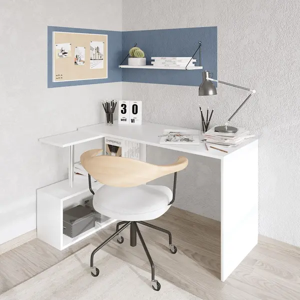 Birou Colt Estelle cu rafturi, Alb, 130x74x94 cm