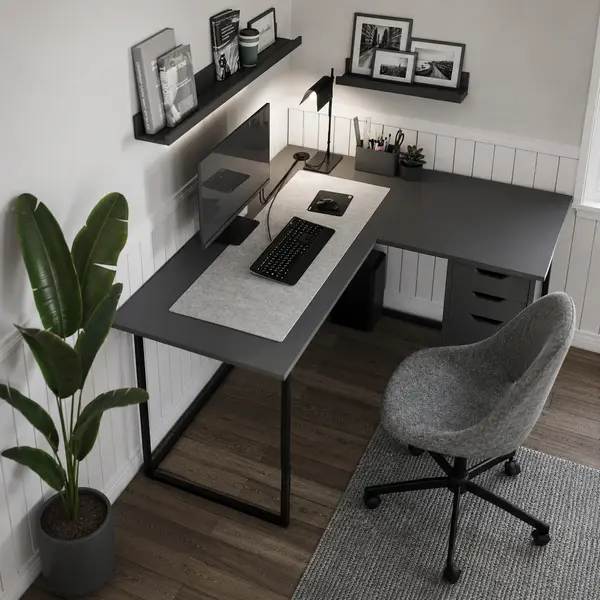 Birou de colt in forma L 140x147,8x73,8 cm, cu rafturi integrate si cadru metalic, pentru home office sau birou