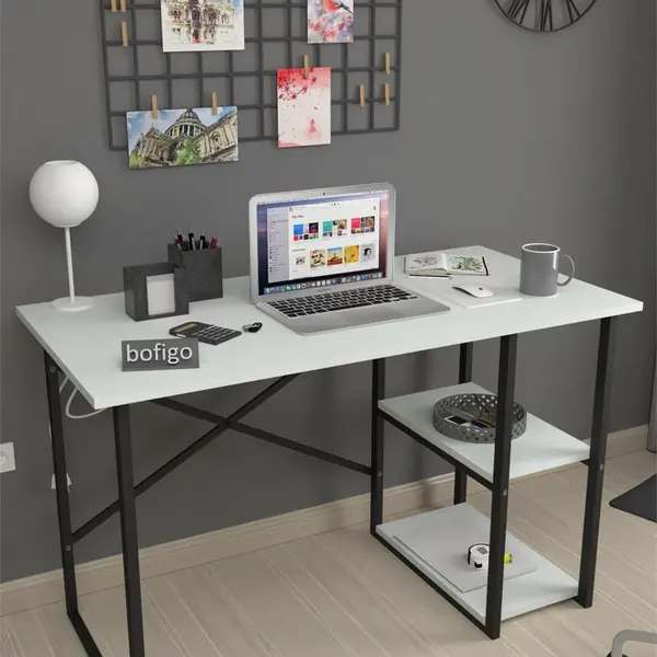 Birou de Lucru cu 2 Niveluri si Rafturi Integrate, Cadru Metalic, 120 x 60 x 75 cm