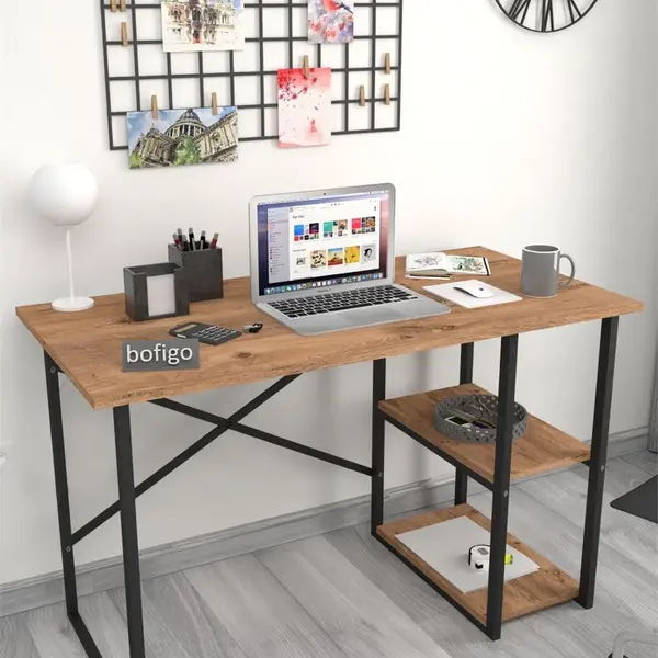 Birou de Lucru cu 2 Niveluri si Rafturi Integrate, Cadru Metalic, 120 x 60 x 75 cm