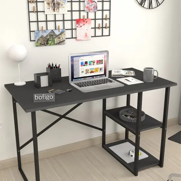 Birou de Lucru cu 2 Niveluri si Rafturi Integrate, Cadru Metalic, 120 x 60 x 75 cm