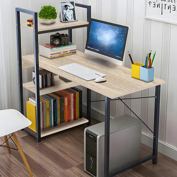 Birou de studiu cu biblioteca Bencour, Natur/metal, Negru, 90x40x110 cm