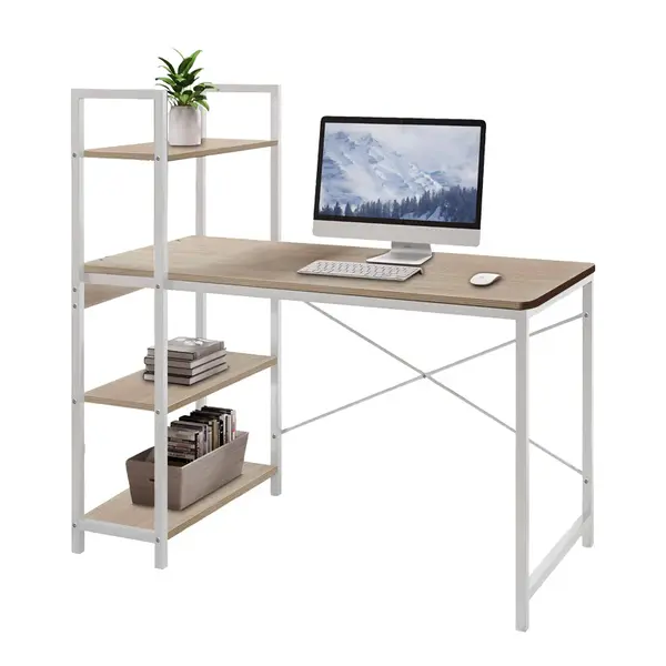 Birou de studiu cu biblioteca Bencour, și metal Alb, Stejar, 90x40x110 cm