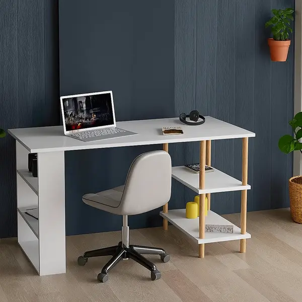 Birou de studiu cu raft dublu, MDF si lemn masiv, 120x60 cm