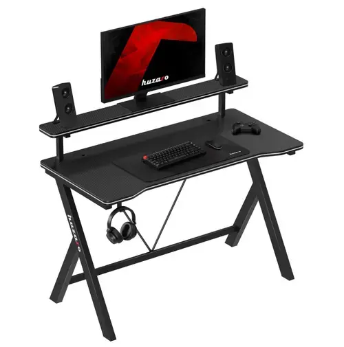 Birou Gaming Huzaro Hero 1.9, Raft monitor, Gestionare cabluri, Suort casti, 60 x 120 cm (Negru)
