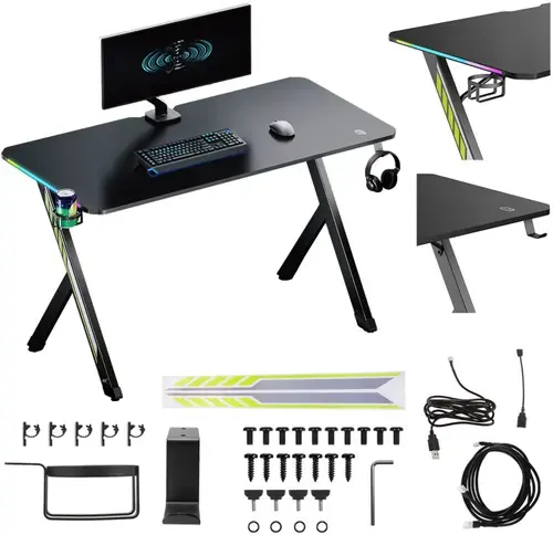 Birou Gaming NanoRS RS102, 120x60x75 cm, LED RGB, suport pentru casti si pahare (Negru)