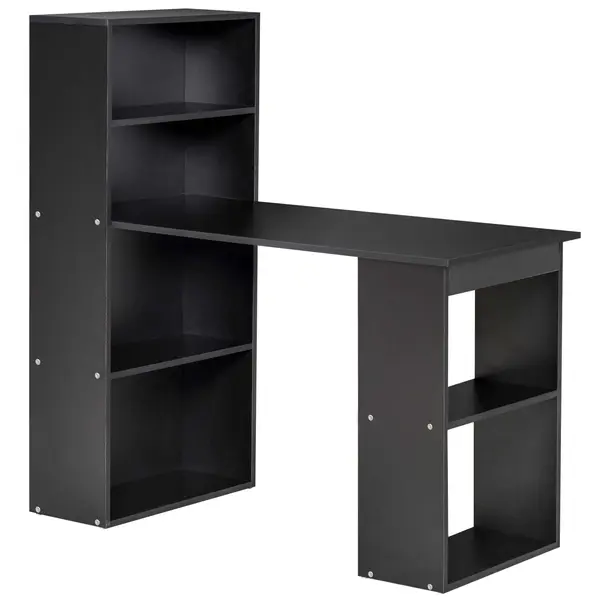 Birou Modern pentru Acasa cu Rafturi de Depozitare pe 6 Niveluri, Masa de Scris cu Raft pentru Carti, Negru HOMCOM | Aosom Romania