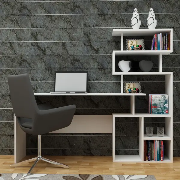 Birou Next cu rafturi, Alb, 160x135x40 cm