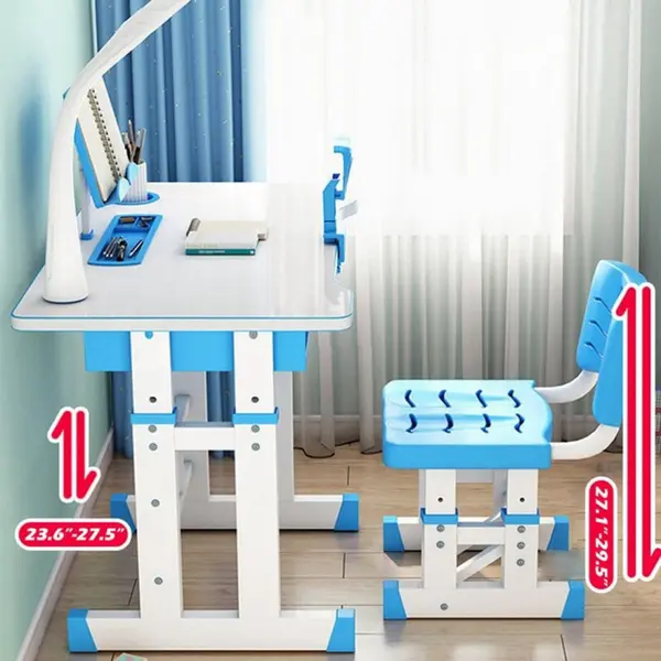 Birou pentru copii Novokids Premium desk AlbastruAlb din MDF, cu lampa inclusa, dimensiuni 80x50x70 cm, cadru metalic