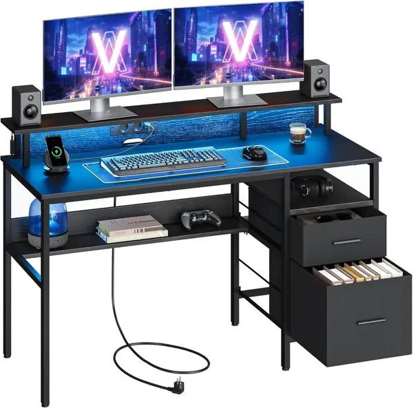 Birou Vasagle Negru, LED, 2 USB-A, 55 x 135 x 90 cm