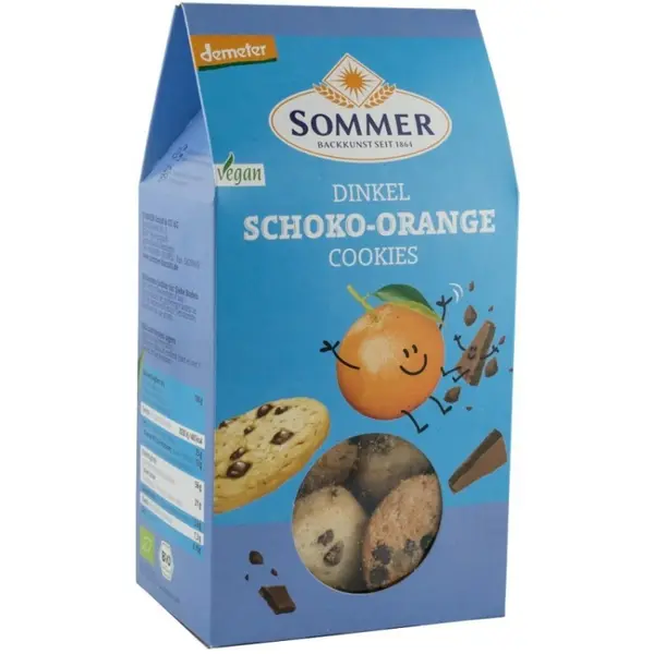 Biscuiti BIO din Grau Spelta cu Ciocolata Amaruie si Ulei de Portocale, 150 g, Sommer