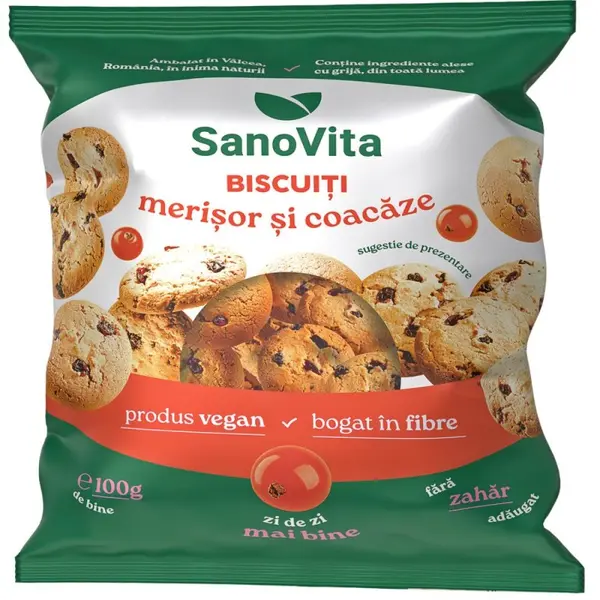 Biscuiti cu Merisor si Coacaze, 100 g, fara Zahar Adaugat, Sanovita