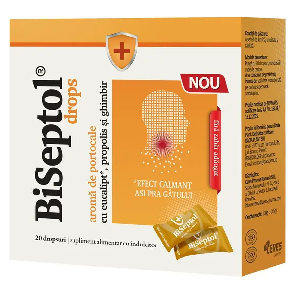 Biseptol drops cu aroma de portocale, cu eucalipt, propolis si gihmbir, fara zahar, 20 dropsuri - Dacia Plant