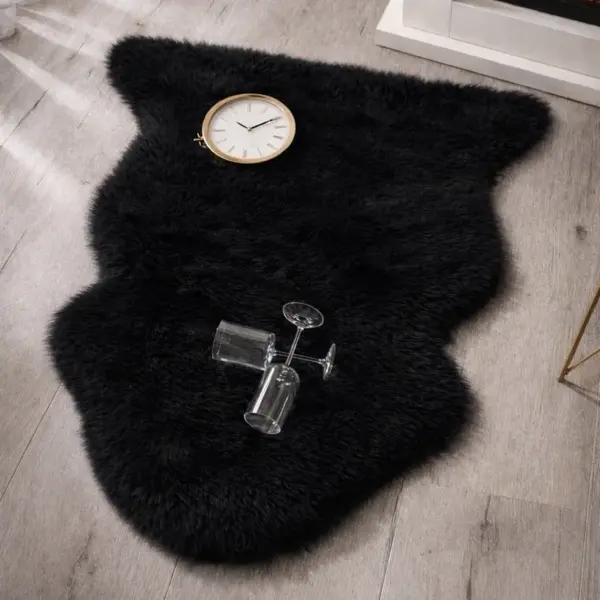 Blana naturala de oaie Noua Zeelanda, covor lux ultra moale, termoreglator, decor premium, Negru Negru, L90+ cm | WL50+ cm