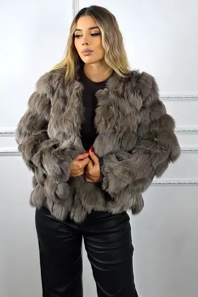Blana naturala de vulpe Sidonia, cu maneca usor evazata, Cappuccino, Marime S/M/L
