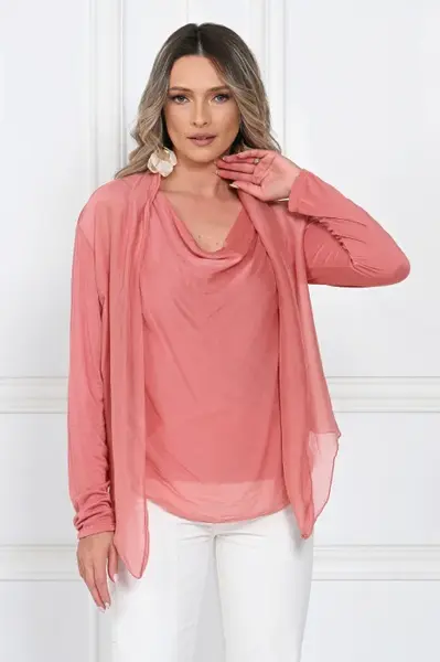 Blazer dama lejer cu design fluid si insertie din matase, croi relaxat, roz somon