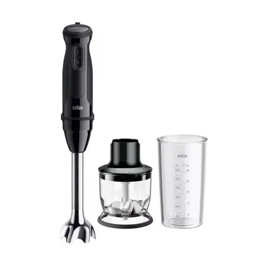 Blender de mana Braun MultiQuick 3 MQ30201M, 900 W, 2 viteze, Pahar 0.6 l, Tocator 0.35 l (Negru)