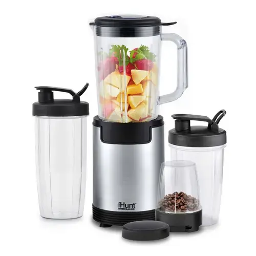 Blender multifunctional iHunt BRO 4in1, Blender si Rasnita Cafea, 900 W, 4 recipiente, 18000 RPM (Argintiu)