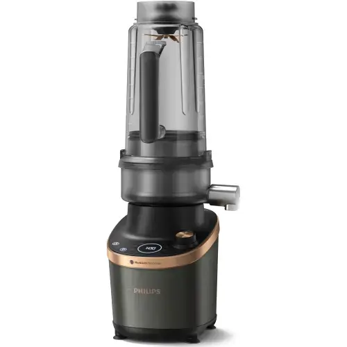 Blender Philips de mare viteza cu functie de stoarcere, tehnologie DUAL CHEF 1500 W, pahar de tritan de 2 l, corp din metal negru, 4 lame zimtate, setari de viteza variabila, presetare si functie impuls, ecran LED si buton, 2 pahare (Negru)