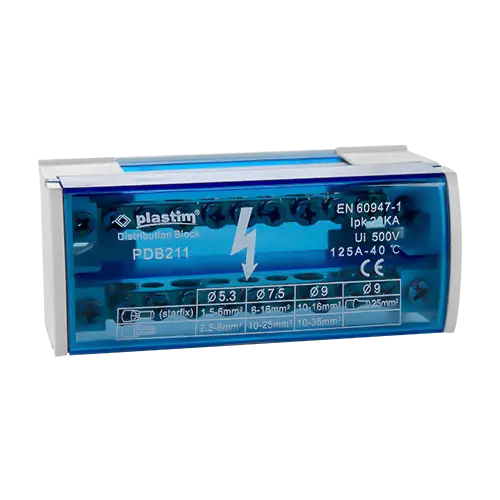 Bloc de distribuție electrică 2×11 poli, 125A, secțiuni 1.5-35 mm², Plastim PDB211