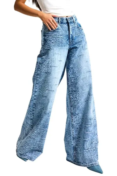 Blugi imprimeu presat ICE GLACYA, loose fit cu buzunare, Albastru prespalat