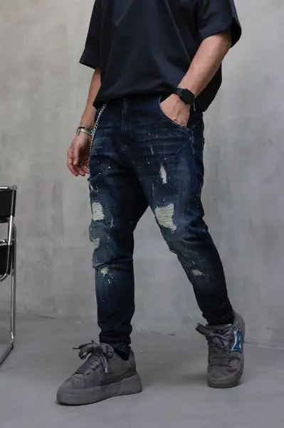 BLUGI LOOSE FIT CU LANT, RUPTURI SI EFECT STROPIT BGBLACK10(17417) (MĂRIME: 34)