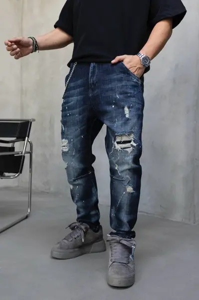 BLUGI LOOSE FIT CU LANT, RUPTURI SI EFECT STROPIT BGBLACK11(17419) (MĂRIME: 33)