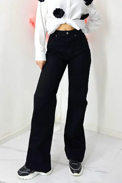 Blugi mom fit baggy ReBELLE, cu talie inalta si croi drept, Negru