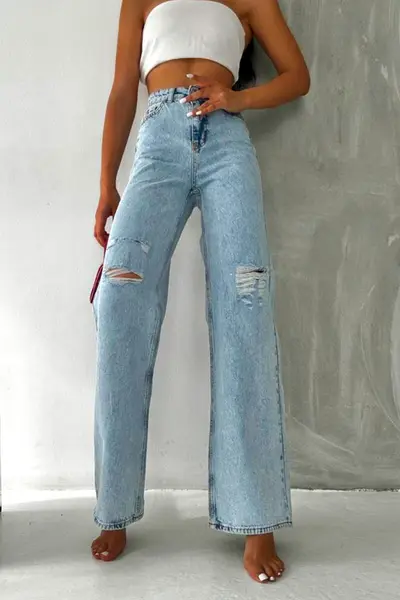 Blugi mom fit LIKE Different, cu talie inalta si taieturi ample, Albastru deschis