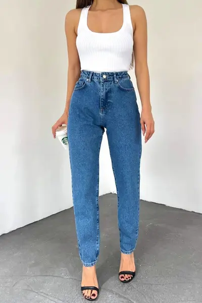 Blugi mom slim ThaLeea, cu talie inalta si croiala conica, Albastru