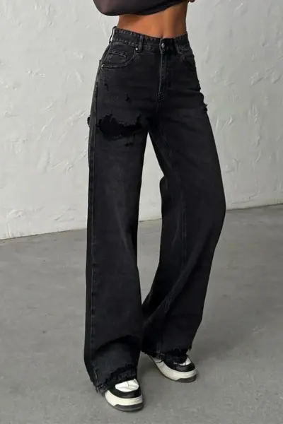 Blugi MYLANO wide leg cu elastan si perforatii, Negru Antracit