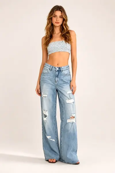 Blugi prespalati wide leg AREZZO, cu perforatii ample, Albastru deschis