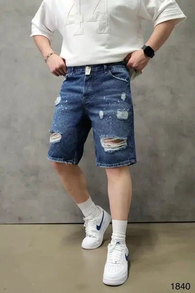 BLUGI SCURȚI DENIM ALBAȘTRI CU EFECT UZAT ȘI RUPTURI DECORATIVE PSAS221(1840) (MĂRIME: 31)