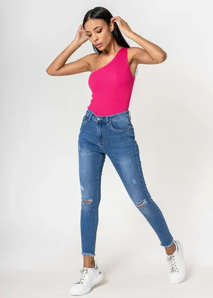 Blugi slim dama cu detalii rupte, Albastru P501-5 M10