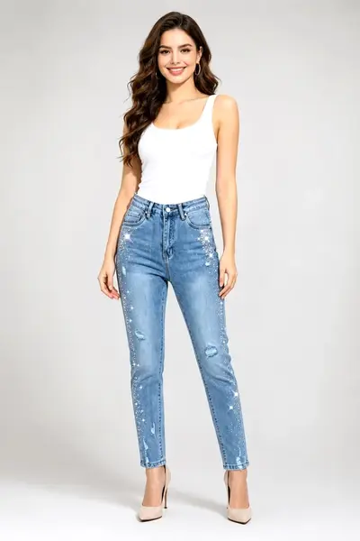 Blugi slim fit conici Genova, cu strasuri si perforatii medii, Albastru deschis