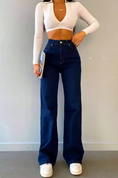 Blugi wide leg Gilbert, cu super elastan si talie inalta, Bleumarin