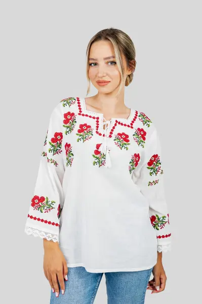 Bluza alba cu motiv floral rosu Amelia