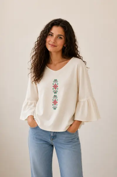 Bluza Bloom din bumbac cu broderie inspiratie etno , Coloana Zori M